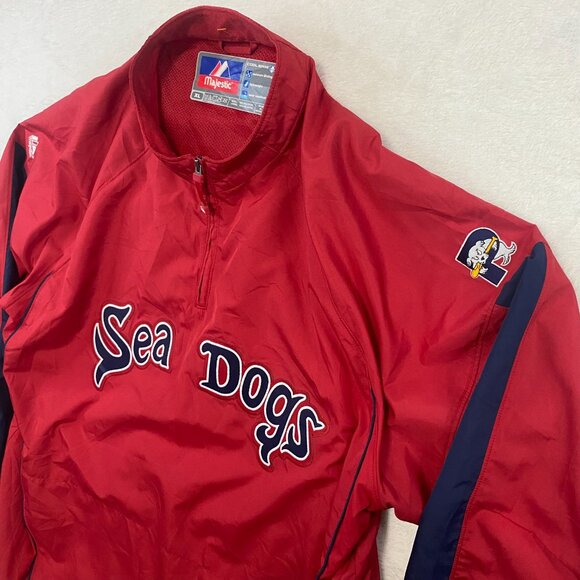 VTG Y2k Majestic Cool Base MILB Portland Sea Dogs Red Windbreaker Jacket XL - Picture 2 of 12
